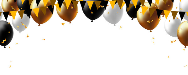 Wall Mural - gold and black balloons decoration birthday banner, greeting card, celebration background vector