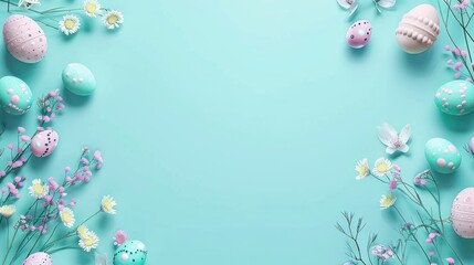 Canvas Print - Easter eggs and spring flowers on a turquoise background.