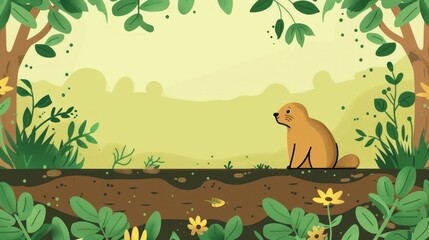 Poster - A brown groundhog sits in a green grassy meadow.