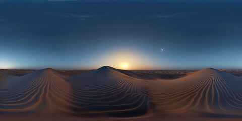 Sahara Dunes at Dawn: Perfectly Aligned HDRI Equirectangular Photo with Straight Horizon