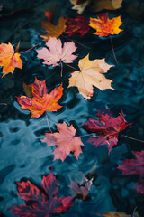 Vibrant and colorful fall autumn maple leaves floating on dark reflecting water surface. September seasonal nature background.