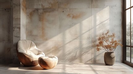 Wall Mural - A white chair is sitting in front of a window with a potted plant in the corner