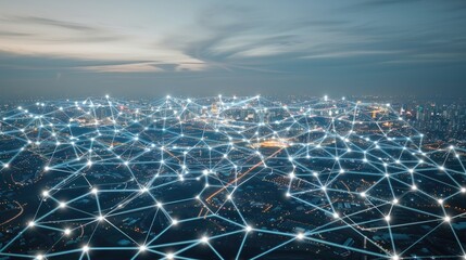 Poster - The urban skyline glows as a network of illuminated connections showcases technological advancements in a vibrant city at dusk.