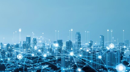 Poster - The urban skyline glows as a network of illuminated connections showcases technological advancements in a vibrant city at dusk.