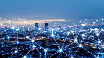 Poster - The urban skyline glows as a network of illuminated connections showcases technological advancements in a vibrant city at dusk