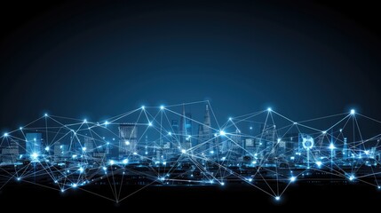 Poster - The urban skyline glows as a network of illuminated connections showcases technological advancements in a vibrant city at dusk