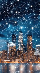 Poster - The urban skyline glows as a network of illuminated connections showcases technological advancements in a vibrant city at dusk