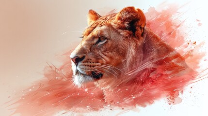 Sticker -   A zoomed-in image of a lion's face against a white backdrop, with red paint spots around it