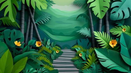 Imaginative Paper Art Collage of a Lush Jungle Pathway with Vibrant Greenery and Flowers