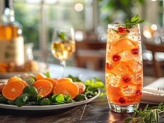 Wall Mural - a plate of fruit and a glass of drink.