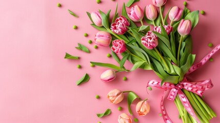 Canvas Print - Pink tulips with green leaves and a red ribbon on a pink background.