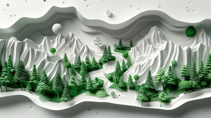 Eco-Friendly ESG Green Concept with Paper Art Collage Depicting Sustainable Forest and Mountain Landscape