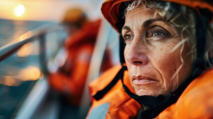 Older woman in an orange life jacket on a boat, looking thoughtfully at the sunset on the horizon, with a calm expression, embodying safety and introspection.