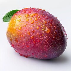 Poster - Single Ripe Mango With Dew Drops on White Background