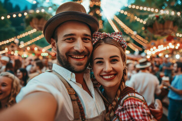 Wall Mural - Happy couple in traditional Bavarian attire enjoying Oktoberfest in Munich Germany with festive lights