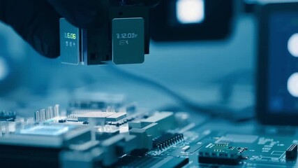 Poster - a close-up of a microchip being placed on a circuit board by a robotic arm in a modern manufacturing