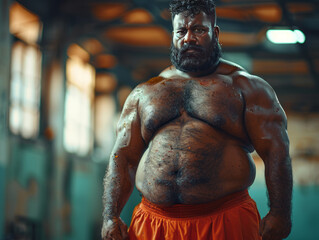 Wall Mural - Heavyset fat obese guy, 23 yo, south east asian indian, dark skin, hairy,generative ai