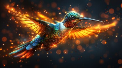 Poster -  A vibrant hummingbird soars through the air with spread-out wings, surrounded by radiant lights
