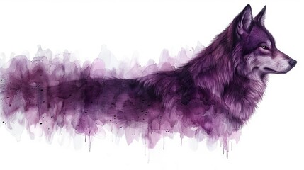    Watercolor painting of a wolf's head against pink-purple splattered background
