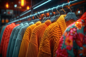 Colorful array of knitted sweaters on display in a modern fashion boutique with warm lighting and vibrant decorations Fashion