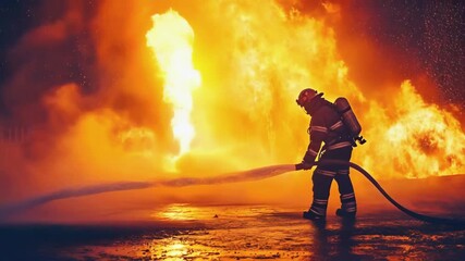 Wall Mural - Male firefighter while extinguishing a huge fire