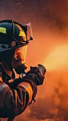 Wall Mural - Male firefighter while extinguishing a huge fire