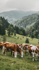 Poster - A herd of cows are grazing in a lush green field