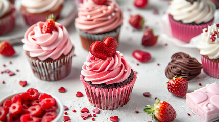 Valentine's Day Chocolate Cupcakes with Pink Frosting, Heart Decorations, and Fresh Strawberries