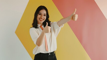 Smiling woman gives two thumbs up in front of colorful background.