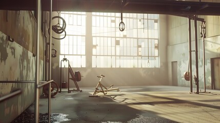 Dusty gym with sunlight streaming through the windows.