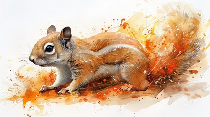 Wall Mural -   A watercolor painting of an orange-and-yellow squirrel perched atop a splattered canvas