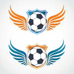 football ball with winged shield blue orange color logo set