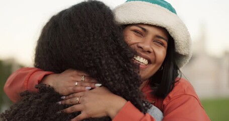 Wall Mural - Happy woman, friends and hug for love, support or care in outdoor friendship together. Excited or friendly female person hugging with smile for trust, embrace or unity outside an urban town or city