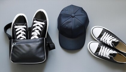 Black banana bag with a cap and sneakers on a gray background Mens youth accessories Top view Flat lay