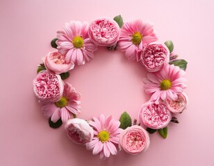 Wall Mural - Flowers composition Wreath made of pink flowers on pink background Flat lay top view copy space