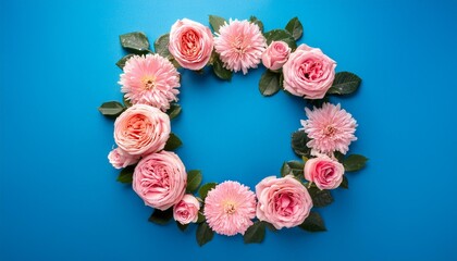 Wall Mural - Flowers composition Wreath made of pink rose flowers on blue background Flat lay top view copy space