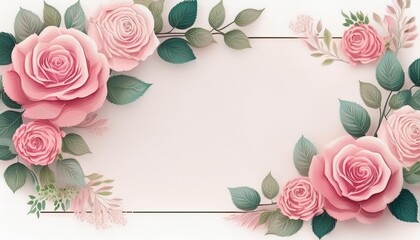 Wall Mural - Pink rose flowers and leaves frame and border isolated on white background Floral design element Flat lay top view Creative layout Holiday concept