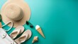 © Abele - Summer flat lay banner with beach accessories sunglasses sun hat beach shoes sandalsice cream white bag top view on mint background copy space Summer vacation concept aesthetic minimal