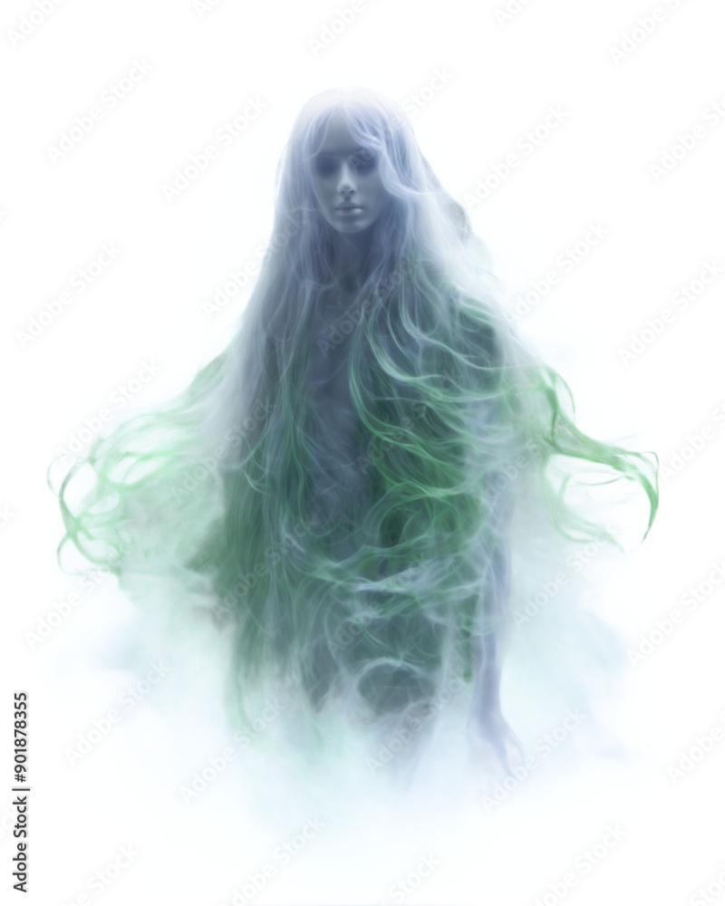 A mystical woman with flowing green and blue hair stands amidst a ...