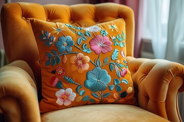 Canvas Print - A floral pillow is sitting on a yellow chair