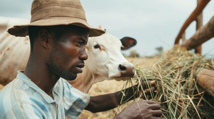 Poster - A man wearing a straw hat is feeding a cow