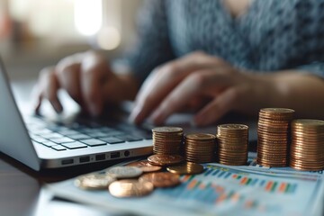 Poster - A woman is typing on a laptop with a pile of coins next to her