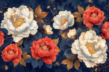 Wall Mural - A blue and white floral design with red flowers