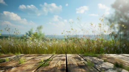 Wall Mural - Blurred background of grass field with wooden tabletop Concept of freshness and relaxation for product display or visual design Copy space included