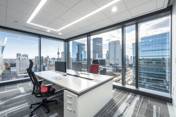 Poster - Bright office with large windows modern furniture and city views creating a vibrant and productive workspace