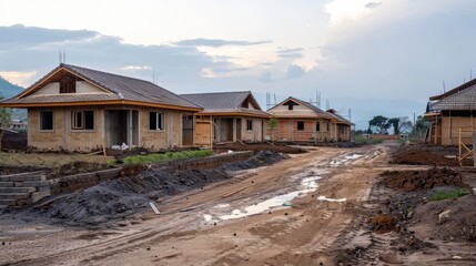 Sticker - Under construction rural homes in a village setting with space for text