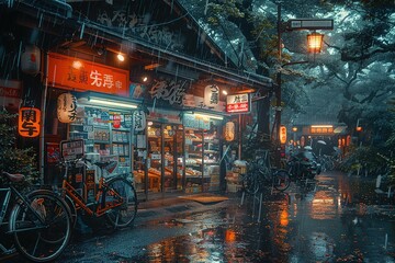 Wall Mural - A rainy night in a foreign country with a store front with Asian writing