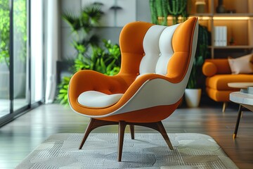 A large orange and white chair sits in a living room with a green plant in front