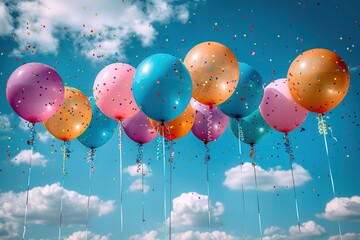 A bunch of colorful balloons are floating in the sky, creating a festive