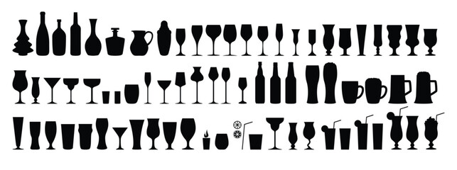 silhouettes various alcohol cocktail glasses bar set. black isolated glasses of wine, glasses of bee